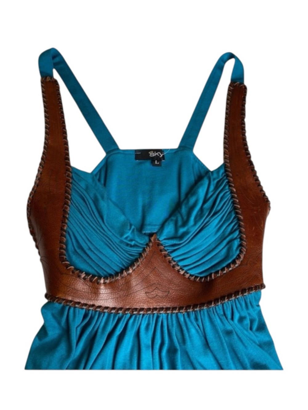 new Sky ☀︎︎ Etched Leather Bodice Embellished Sexy Strappy Silk Top ☀︎︎ Teal - Picture 3 of 16